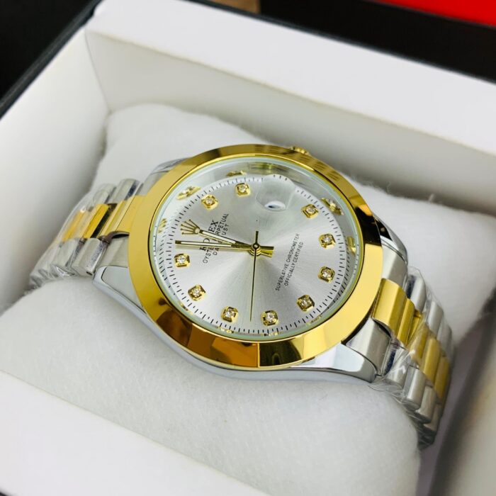 Men Two Tone White Dial Watch — Discover the refined craftsmanship of this luxury Men Two Tone White Dial Watch. Designed to make a statement on every occasion, this Date Only timepiece blends polished finishing with comfortable everyday wearability. Men Two Tone White Dial Watch — Discover the refined craftsmanship of this luxury Men Two Tone White Dial Watch. Designed to make a statement on every occasion, this Date Only timepiece blends polished finishing with comfortable everyday wearability.