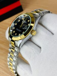 men date only black dial watch two tone side