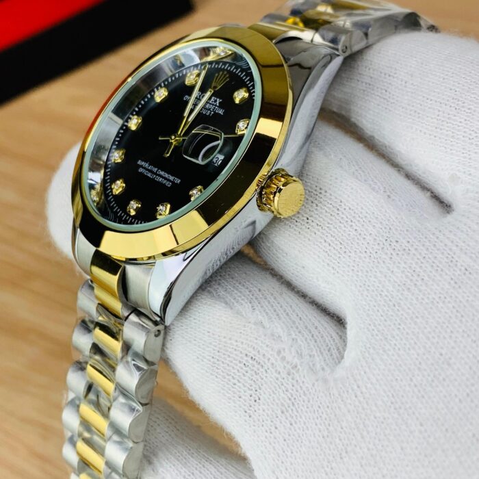 men date only black dial watch two tone side