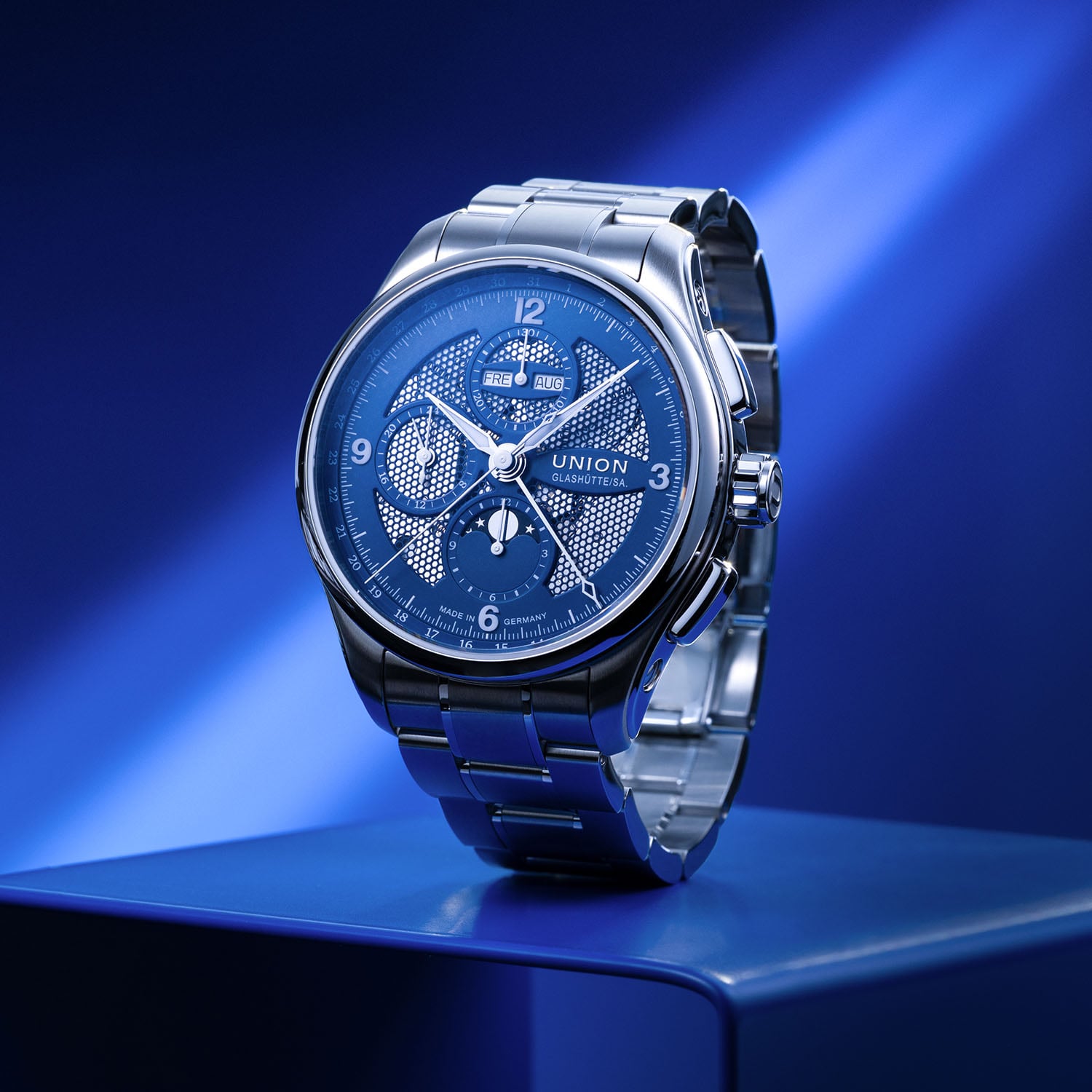 The Union Glashütte Belisar Chronograph Moon Phase Skeleton In Steel & Blue - Royal Watch Pk