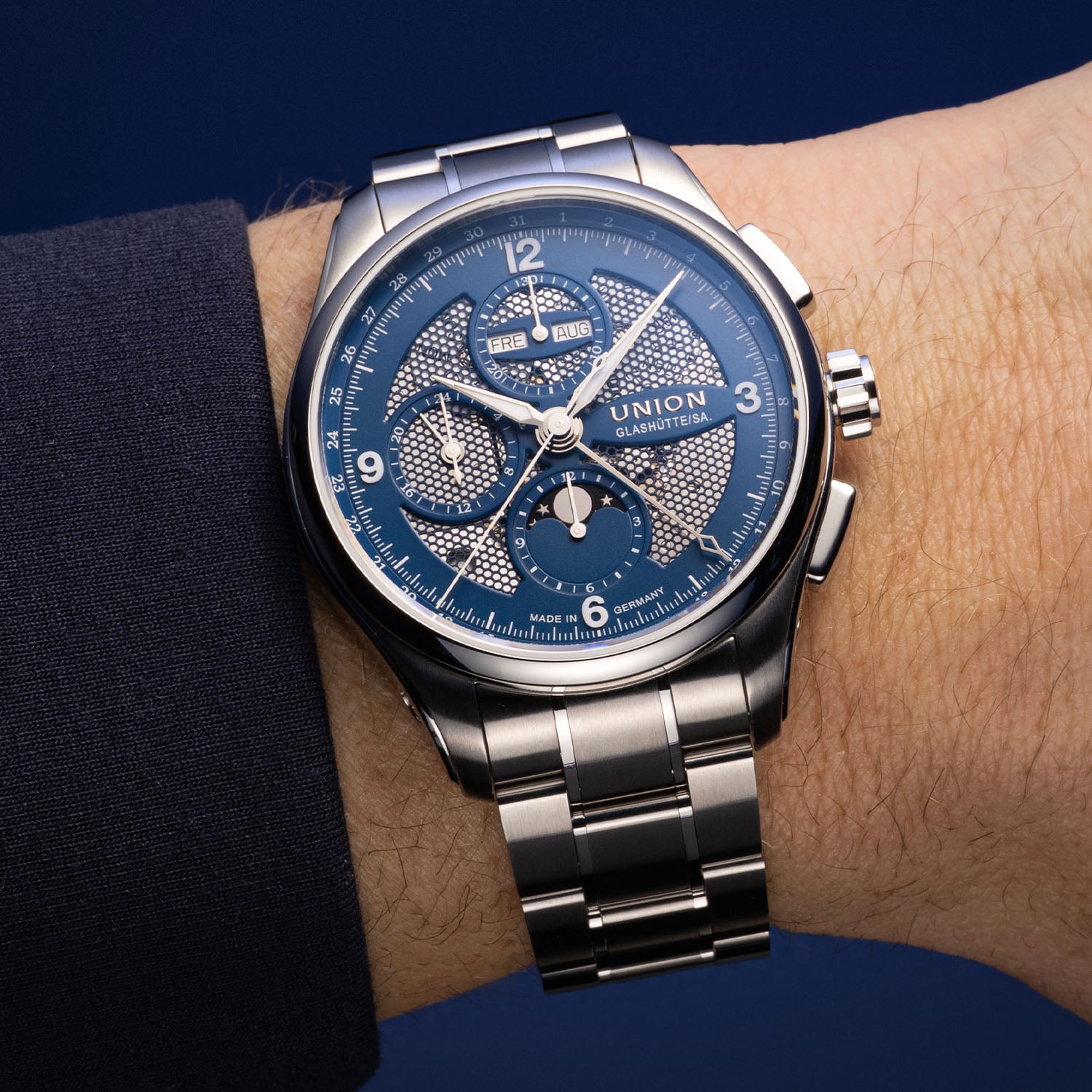 The Union Glashütte Belisar Chronograph Moon Phase Skeleton In Steel & Blue - Royal Watch Pk