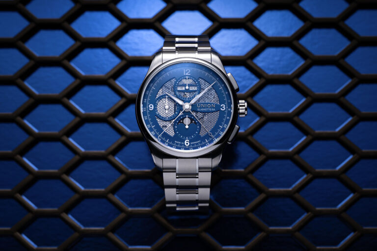 The Union Glashütte Belisar Chronograph Moon Phase Skeleton In Steel & Blue The Union Glashütte Belisar Chronograph Moon Phase Skeleton In Steel & Blue