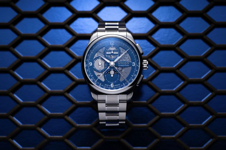 The Union Glashütte Belisar Chronograph Moon Phase Skeleton In Steel & Blue