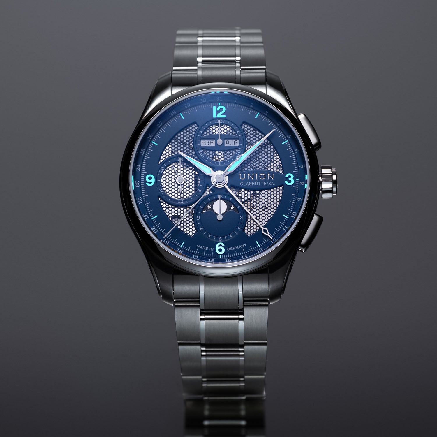 The Union Glashütte Belisar Chronograph Moon Phase Skeleton In Steel & Blue - Royal Watch Pk
