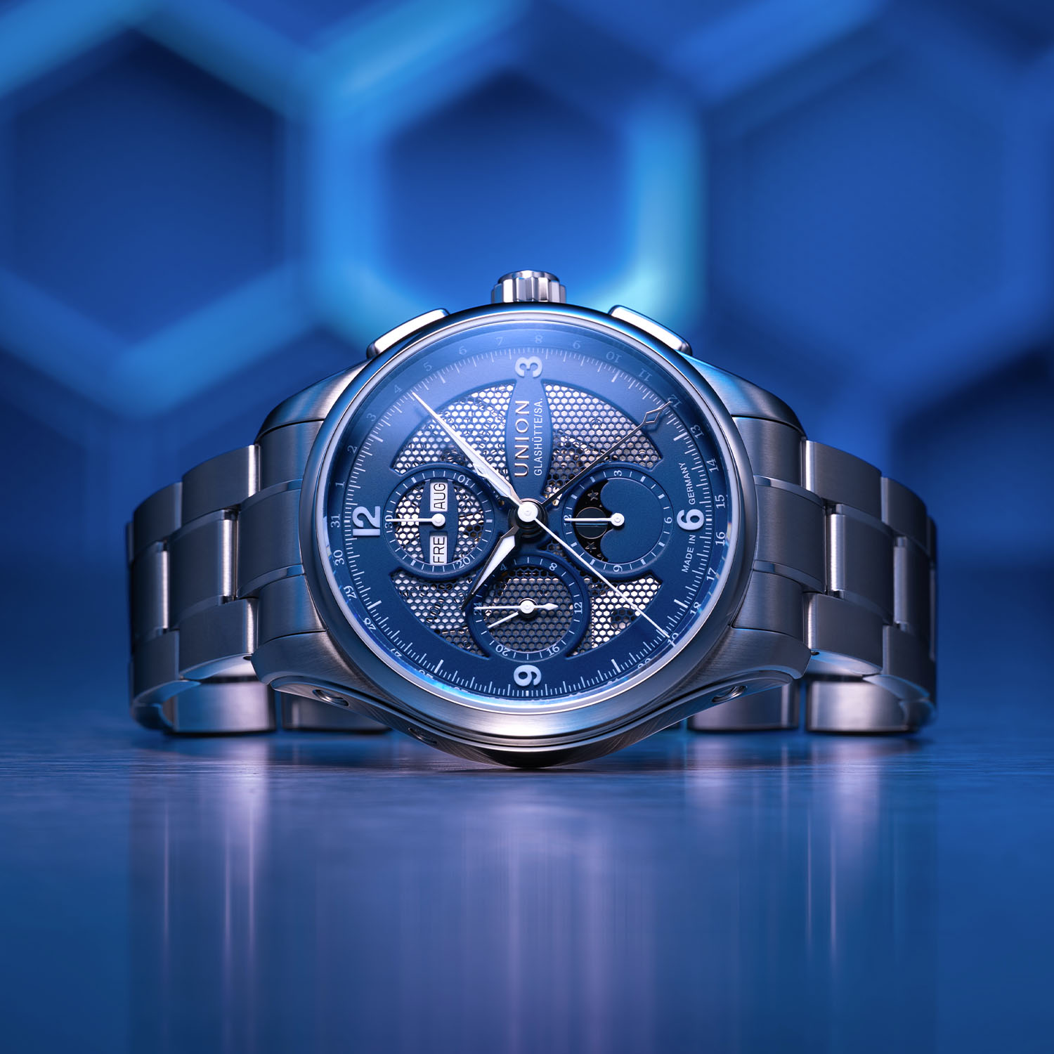 The Union Glashütte Belisar Chronograph Moon Phase Skeleton In Steel & Blue - Royal Watch Pk
